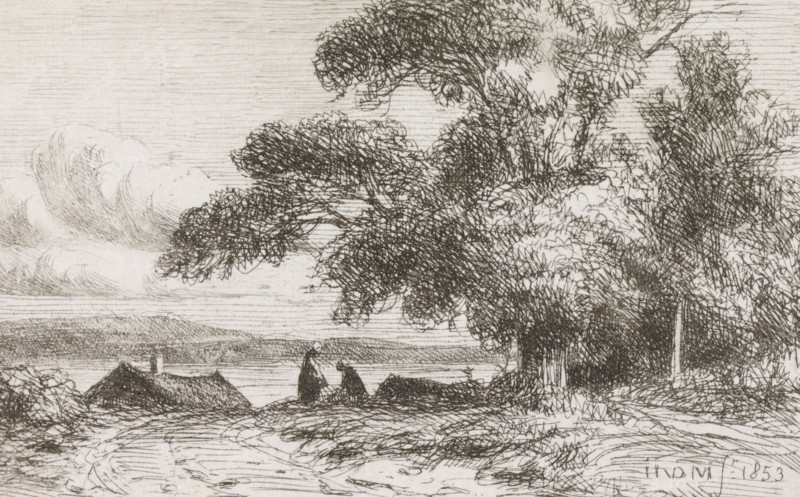 Figures on a country road, print, printmaker: Jacob Jan van der Maaten, The Hague, 1853, paper, chine collé, etching, etching on chine collé, proof print, height 58 mm x width 92 mm, trees, landscapes in the temperate zone (landscape with figures, staff), A detailed monochrome etching showing a landscape with large, densely hatched trees dominating the right side, their textured foliage and trunks rendered with overlapping lines; a sky with layered, wispy clouds occupies the upper left, while a distant shoreline and calm water stretch across the middle ground; clustered rooflines of small buildings sit near the water’s edge, and a winding, rutted path or field foreground leads toward the buildings, all depicted with fine crosshatching and varied line work.