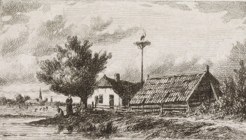 Stork's nest between houses on the waterside, print, A stork's nest between a barn and a house on the waterside. On the left in the foreground, a man and a woman under a tree., printmaker: Jacob Jan van der Maaten, Netherlands, 1830 - 1879, paper, chine collé, etching, etching on chine collé, proof print, height 51 mm x width 83 mm, farm or solitary house in landscape, water course (landscape with figures, staffage), shore-birds and wading-birds: stork (nest, den, burrow), A detailed black and white etching shows a riverside scene with a cluster of buildings and a tree near the water's edge. A thatched house with a chimney and small windows sits beside a larger structure with a sloped, tiled roof and open side, both fenced along the front. A tall pole rises above the buildings with a platform at its top where a bird stands. In front of the buildings a large leafy tree extends its branches, and near the shoreline two human figures are visible, one standing and one seated, with another s...