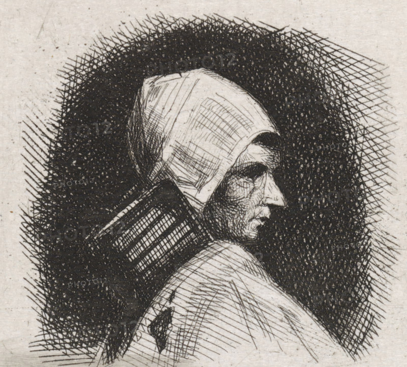 Bust of a woman facing right, print, name: 'JJ cvan der Maaten', printmaker: Jacob Jan van der Maaten, Netherlands, 1830 - 1879, paper, chine collé, etching, etching on chine collé, height 52 mm x width 65 mm, A close-up black and white line drawing of a person in profile wearing a head covering and robe, rendered with dense crosshatching and stippling that form a dark halo around the head, showing facial contours, an eye socket, a prominent nose and a furrowed cheek, with textured lines indicating folds in the cloth and clothing and a textured paper background.