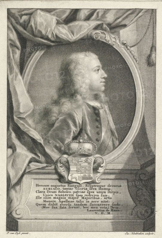 Portrait of William IV, Prince of Orange-Nassau, print, printmaker: Jacob Houbraken, Amsterdam, after painting by Philip van Dijk, writer (clerical worker): Laurens de Haan, c. 1721 - c. 1731, writer (clerical worker), paper, engraving, etching, engraving and etching, height 169 mm x width 117 mm, Person, William IV (Prince of Orange-Nassau), A monochrome engraved portrait shows a profile view of a person with long curly hair framed within an oval border. Drapery folds surround the top and left of the oval, and a decorative tassel hangs to the right. The person wears a buttoned coat with a sash across the chest. Below the oval is a crowned coat of arms with ornate scrollwork, mounted above a rectangular panel that contains several lines of printed text. The composition is rendered with fine crosshatching and line work throughout.