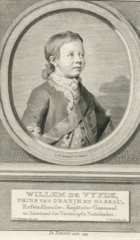 Portrait of William V, Prince of Orange-Nassau, print, printmaker: Jacob Houbraken, Amsterdam, after drawing by Jean-Etienne Liotard, after drawing by Aert Schouman, publisher: Isaak Tirion, 1759, paper, engraving, etching, engraving and etching, height 185 mm x width 118 mm, Print also used in: Jan Wagenaar, Vaderlandsche historie, containing the histories of the now United Netherlands, in particular that of Holland, 21 parts. Amsterdam, 1749-59., Person, William V (Prince of Orange-Nassau), An engraved oval portrait of a young figure shown from the chest up, wearing a decorated coat with lace at the collar and cuffs and a sash draped across the torso, set within a thick oval frame against a lined background, with a rectangular panel beneath the frame containing large engraved lettering and smaller text below it.