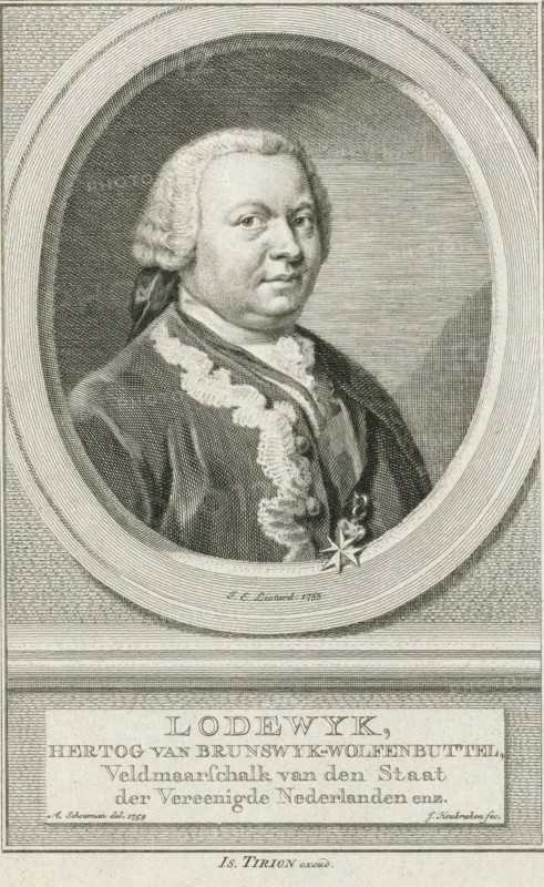 Portrait of Louis Ernest, Duke of Brunswick-Wolfenbüttel, Louis, print, Bust facing right of Louis Ernest, Duke of Brunswick-Wolfenbüttel in an oval. The portrait rests on a plinth on which his name and details are written in four lines in Dutch., printmaker: Jacob Houbraken, Amsterdam, after painting by Jean-Etienne Liotard, after drawing by Aert Schouman, publisher: Isaak Tirion, 1759, paper, engraving, etching, engraving and etching, height 184 mm x width 118 mm, Print also used in: Jan Wagenaar, Vaderlandsche historie, containing the histories of the now United Netherlands, in particular that of Holland, 21 parts. Amsterdam, 1749-59., Person, Ludwig Ernst von Braunschweig-Wolfenbüttel, A detailed engraved portrait of a man shown from the chest upward within an oval frame, wearing a curled powdered wig tied at the back and a dark coat with a decorative lace collar and a cross-shaped medal pinned near the chest; the man looks slightly to his right with a calm expression and rounded f...