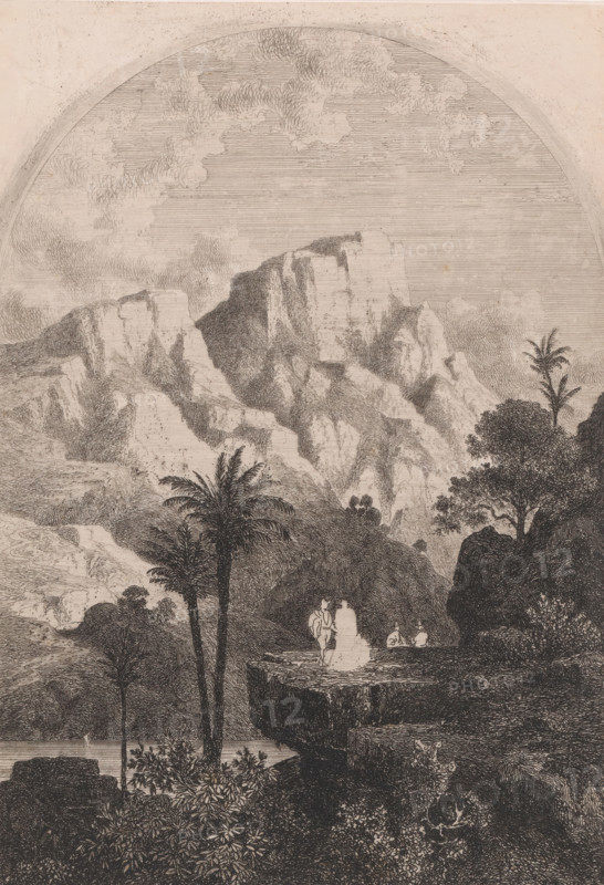 Mountain landscape with resting figures on a rock, print, printmaker: Guillaume Van der Hecht, 1827 - 1879, paper, etching, intaglio printmaking technique, etching with plate tone, height 241 mm x width 170 mm, mountains (landscape with figures, staffage), A monochrome etched landscape showing steep, rugged cliffs rising in the background beneath a large semicircular sky filled with horizontal shading and swirling cloud forms, with layered rock faces and shadowed crevices. In the midground a flat rocky ledge juts outward, bordered by dense foliage and trees including tall slender palms and a bushy tree with detailed leaves. On the ledge two small human figures stand close together, and nearby another seated figure rests; more small figures appear seated slightly farther back on the rock. At the lower edge, a shoreline with textured plants and low rocks meets a calm body of water where a small sailboat is visible. Intricate linework and crosshatching create texture across rocks, trees, ...