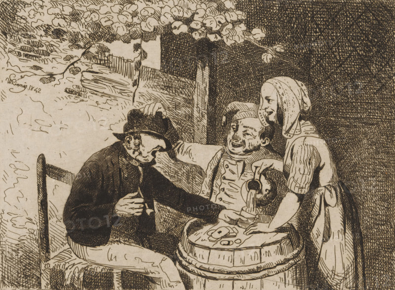 Woman pouring a glass for two men playing cards, print, printmaker: Willem Linnig (I), 1842, paper, etching, drypoint, intaglio printmaking technique, etching and drypoint with plate tone, height 135 mm x width 193 mm, playing-cards, beer, ale, A monochrome line drawing shows three people seated around a wooden barrel used as a table beneath a tree with clustered leaves; an older man wearing a hat leans forward with one hand on his knee while a second man with a cap and a double-breasted coat sits back smiling, and a woman in a headscarf and apron stands beside them pouring liquid from a jug into a cup on the barrel, with a small plate and round objects on the barrel surface and textured cross-hatched shading filling the background.