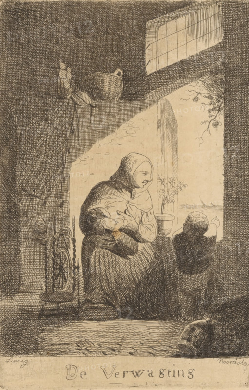 Mother feeding her baby, De Verwachtting, print, printmaker: Willem Linnig (I), publisher: P. van Bouwel (possibly), Antwerp, 1842, paper, etching, intaglio printmaking technique, etching with plate tone, height 159 mm x width 107 mm, A pen-and-ink interior scene rendered in crosshatch shows a woman seated near an open window holding an infant, a small child standing beside her pointing outward, and a spinning wheel with a distaff positioned nearby; light falls through the window onto the figures, a potted plant sits on the windowsill, a jug rests on a high shelf, and a wooden beam frames the opening while a small overturned bucket lies on the floor.