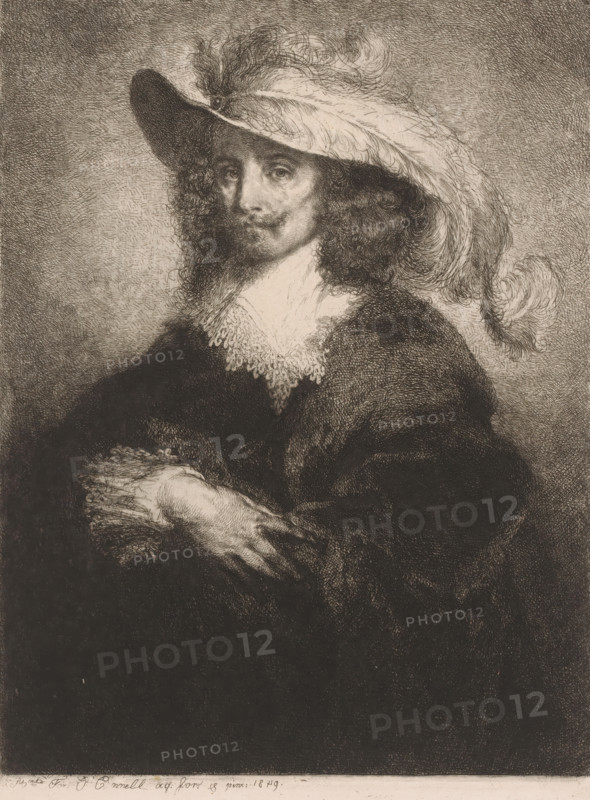 Nobleman from the time of Louis Frédérique Émile Auguste O'Connell-Miethe, paper, etching, drypoint, intaglio printmaking technique, etching and drypoint with plate tone, height 261 mm x width 197 mm, anonymous historical person portrayed alone, A monochrome etching of a man shown from the waist up wearing a large brimmed hat adorned with flowing feathers, curly hair spilling around his shoulders, a lace collar, and a dark, voluminous garment; his face displays a mustache and a small goatee, and his hands are crossed in front of him with one resting on the other.