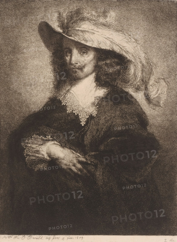 Nobleman from the time of Louis Frédérique Émile Auguste O'Connell-Miethe, paper, etching, drypoint, intaglio printmaking technique, etching and drypoint with plate tone, height 261 mm x width 196 mm, anonymous historical person portrayed alone, A sepia-toned etching of a person shown from the waist up wearing a wide-brimmed hat adorned with large, curling feathers, with long curly hair visible beneath the hat; the face shows a mustache and a slight beard and the gaze is directed toward the viewer; the figure wears a dark coat with a white lace collar and the hands are clasped, one resting on the other over the torso; the background is textured with fine cross-hatching.