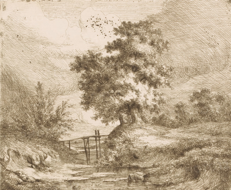 Landscape with wooden bridge over the water, print, printmaker: attributed to Ildephonse Stocquart, 1829 - 1879, Attributed to, paper, etching, retroussage, intaglio printmaking technique, height 185 mm x width 223 mm, landscape with bridge, viaduct or aqueduct, brook (landscape with figures, staffage), A sepia-toned etching shows a natural scene with a large, leafy tree dominating the center, its textured foliage rendered with dense crosshatching. A narrow stream runs beneath a simple wooden bridge visible in the middle distance, with two small vertical posts on the bridge. Grassy banks and rocky ground flank the water, and smaller bushes and trees appear on either side. The sky above contains large, billowing clouds and fine linear shading, and the overall image is composed of intricate line work and varied hatch patterns.