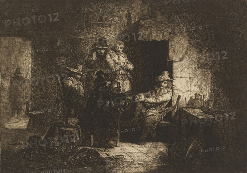 Company of five drinking soldiers by a hearth, print, printmaker: Guillaume Joseph Vertommen, 1850, paper, chine collé, etching, intaglio printmaking technique, height 220 mm x width 298 mm, drinking, the soldier, the soldier's life, burning as process, A dimly lit interior scene rendered in dark etching tones shows several figures gathered around a table and chairs; one seated man leans back with legs extended and wears a broad-brimmed hat and layered clothing, another sits facing him with a hat shadowing his face, and a standing figure in lighter clothing and a hat crosses his arms while another standing person beside him holds a small cylindrical object. The room features a stone wall with a recessed dark doorway, a carved relief mounted on the wall, a table cluttered with bottles and a pitcher, and a stool with a goblet on it. On the floor there are scattered objects including a fallen hat and a shallow dish, and in the background two cloaked figures move through an arched doorway ...