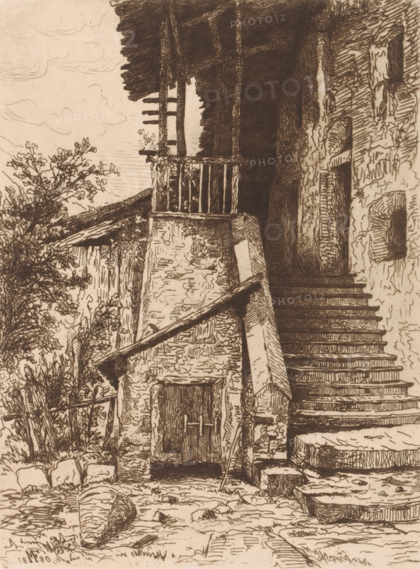Chalet with stairs, print, printmaker: Maria van Hohenzollern-Sigmaringen (Countess of Flanders), 1880, paper, etching, retroussage, intaglio printmaking technique, height 277 mm x width 210 mm, rural housing, eg country-house, villa, cottage, Merano, A sepia-toned sketch shows an old stone building with a steep exterior staircase leading up beside a textured wall punctuated by arched openings. A wooden balcony with vertical rail slats projects from the upper level beneath an overhanging roof supported by beams. A smaller roof slopes over a lower doorway with a wooden door framed by rough masonry. Vegetation with leafy branches grows beside the building and around the base, where scattered stones and a large, rounded vessel lie on the ground. The scene includes rough cobblestones and wooden planks near the stair base, and the sky above is lightly sketched with cloud shapes.