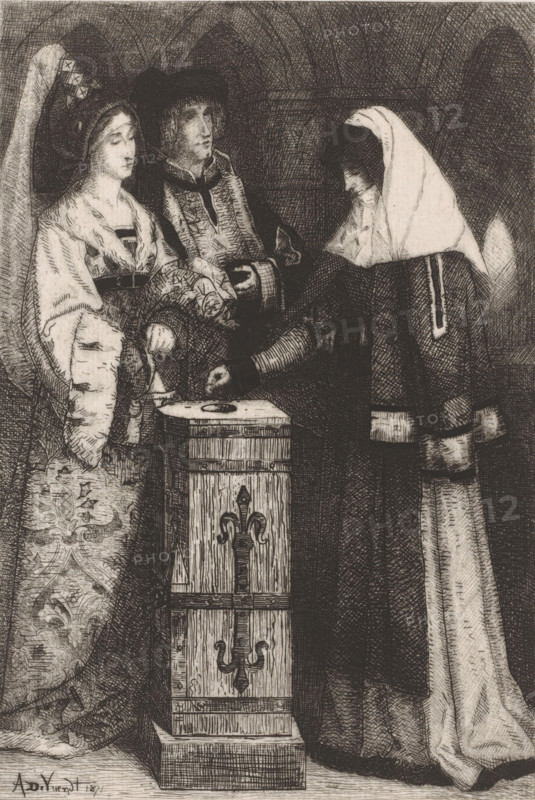 Widow gives a gift, print, printmaker: Albrecht de Vriendt, printer (person): Joseph Bouwens, Brussels, 1871, printer (person), paper, etching, roulette, intaglio printmaking technique, height 294 mm x width 203 mm, Print published in: Album du journal des Beaux-Arts, dix eaux-fortes inédites. Brussels: Decq et al., 1871. On the front page of the publication titled: The Widow's Penny., offertory-box, offertory-bag, widow, Three robed figures stand around a tall carved wooden box; on the left a woman in an ornate patterned gown and fur-trimmed cloak wears a decorative headdress with a long flowing veil, her hands resting near the box; next to her a man in a dark hat and richly textured clothing leans slightly forward, his gaze toward the center; on the right a hooded figure in a heavy dark robe with a light-colored head covering leans over the box with one hand extended above its slot; the box features vertical wood grain and a carved fleur-de-lis motif with ornamental bands, and the ba...