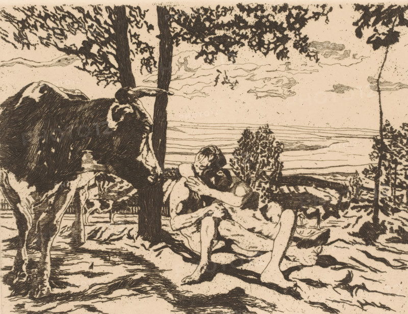 Nude couple under a tree viewed by a cow, print, printmaker: Adolf Eduard Herstein (signed by artist), 1879 - 1932, paper, etching, drypoint, intaglio printmaking technique, height 181 mm x width 244 mm, cow, (lovers) embracing each other, 'symplegma', A detailed monochrome line drawing shows a pastoral scene with a large cow standing beneath a tree and two seated figures leaning against the tree trunk, one figure cradling the other's head. The tree has a textured trunk and a leafy canopy stretching across the top of the image. In the background a body of water with horizontal ripples extends toward the horizon under a sky with wispy cloud forms. Vegetation and shrubs appear near the shoreline and around the seated figures, and ground textures with shadowed areas fill the foreground.