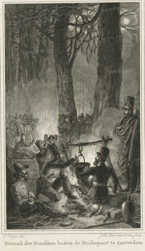 Cossack bivouac outside the Muiderpoort in Amsterdam, Soldiers during a meal, print, Series number, 4, Between tall trees and by the light of the full moon, soldiers are eating around campfires. In the foreground, a man stirs a pot in the vicinity of hunted game, bread, and drink., printmaker: Jan Baptist Tetar van Elven, Netherlands, after drawing by Johannes Steyn, Amsterdam, 1815 - 1889, paper, engraving, etching, engraving and etching, height 237 mm x width 151 mm, height 139 mm x width 83 mm, military service (during the battle), A detailed black and white engraving shows a nighttime forest scene with large bare trees and a bright moon behind branches; in the foreground a group of soldiers in uniform sit and kneel around a campfire with a pot suspended over the flames, one stirring and others holding cups and kettles, while equipment and containers lie on the ground nearby; to the right a cloaked figure stands watching, and more soldiers and figures cluster and recline further bac...