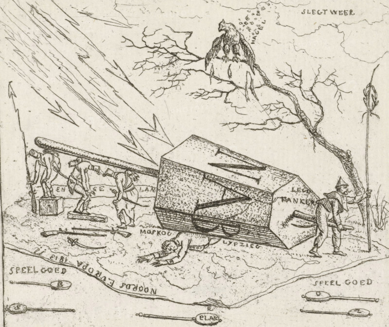 Napoleon crushed under a hexagonal block, Caricatures of the defeats of the French in 1813, cartoon, print, historical print, On a carpet with the map of Europe, Napoleon lies crushed under a hexagonal block with the letters: NAB. The French eagle is heavily battered by the bad weather. The French soldiers try to take shelter from lightning being carried off them. Reference to the defeats of the French troops at Moscow and Leipzig., printmaker: Hermanus Fock, Amsterdam, 1813, paper, etching, height 88 mm x width 102 mm, Battle of Leipzig, Period, A detailed pen-and-ink scene shows a large tilted geometric block on a sled, with people around it pulling ropes and using poles; one person lies face down on the ground near the sled while another kneels and handles a tool; an eagle-like bird perches on a bare branching tree above, and slanted lines across the sky suggest heavy streaks; a figure in the foreground stands holding a tall pole beside more leafless branches; scattered small object...