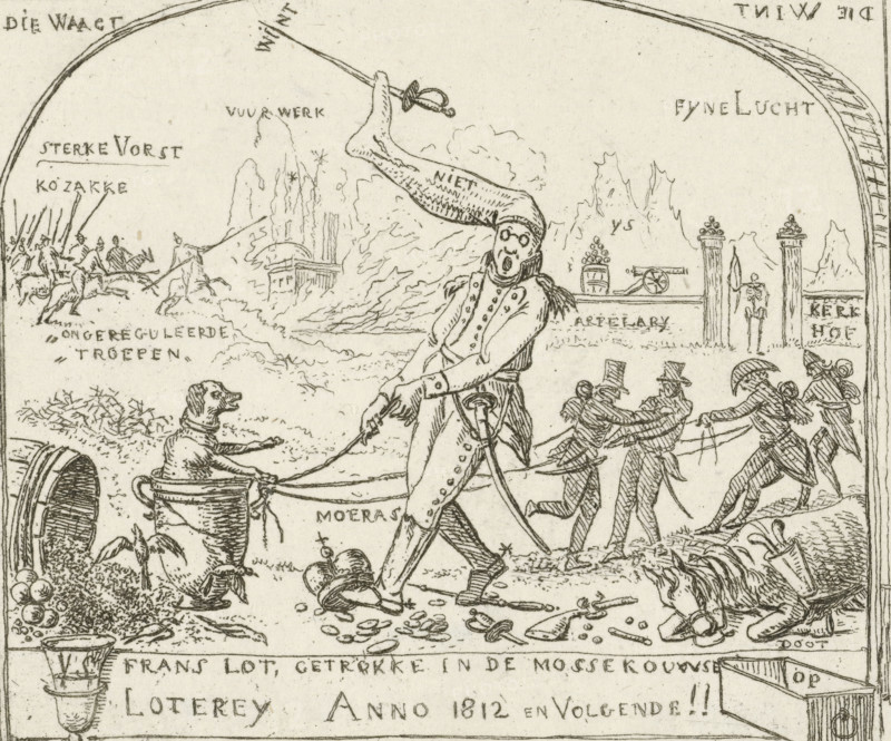 Napoleon pulls a dog in a goblet through the swamp, Caricatures of the defeats of the French in 1813, cartoon, print, historical print, Napoleon, with a sock on his head, pulls a dog sitting in a goblet through the swamp. French soldiers help him. In the background the French troops being defeated by the Cossacks, the fireworks, and a cemetery portal with a skeleton of a French soldier. Below the text: French lot, drawn in the Muscovite Lottery anno 1812 and following!, printmaker: Hermanus Fock, Amsterdam, 1813, paper, etching, height 87 mm x width 103 mm, Person, Napoleon I (Emperor of the French), Russian Campaign, Period, 1812, A detailed black and white line drawing shows a central figure in a coat and breeches walking while holding reins attached to a small tub containing a seated dog; the figure wears a long pointed hat with a sword at its tip and has a surprised facial expression with round glasses. To the right, several men in top hats and coats are pulling on the reins, while...