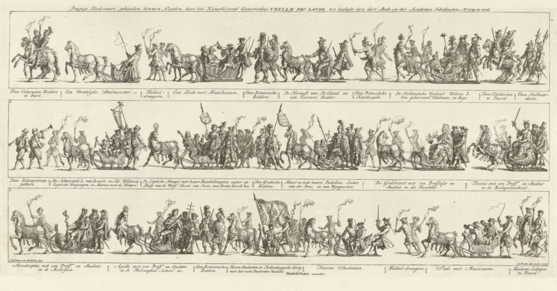 Procession of the Veniam Pro Laude Society, print, Solemn procession of the Veniam Pro Laude Society. Three numbered rows on one sheet. The figures in the procession are provided with further explanation below each row., printmaker: Simon Fokke, Amsterdam, after drawing by, after design by Johannes le Francq van Berkhey, publisher: Hendrik Coster, Leiden, 1776, paper, etching, height 202 mm x width 412 mm, periodic celebrations, popular feasts, Period, 1776-01-24, A wide, horizontal engraving divided into three stacked friezes filled with procession scenes, each frieze showing a continuous line of figures, horses, sledges, riders, and walkers in period dress; the top band features mounted soldiers and attendants carrying torches and lances, elaborately dressed riders, ornamental sledges pulled by horses, and groups of men in helmets and capes; the middle band shows banners and flags, musicians blowing horns, horse-drawn sledges with seated figures and standing attendants, armed men wit...