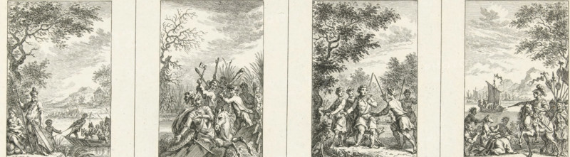 Four episodes from national history, Illustrations of national history, print, Uncut sheet with four depictions from national history. From left to right: Founding of a Batavian settlement, William II, Count of Holland, dies on the ice in a war against the West Frisians, Batavian hero Galama, Salian Franks submit to the mounted Roman commander-in-chief Julian the Apostate., number: '1, 12, 9, 4', printmaker: Simon Fokke, Amsterdam, 1722 - 1784, paper, etching, etching on uncut sheet, proof, height 112 mm x width 260 mm, Person, Julian the Apostate (Emperor of the Roman Empire), historical persons (portraits and scenes from the life), historical events and situations, Roman period in the Netherlands, Four narrow rectangular vignettes are shown side by side, each depicting a different outdoor scene rendered in fine line engraving style; the first vignette shows a shoreline with a standing bearded man in long robes holding a staff, a seated woman next to him, a small boat with figures nea...