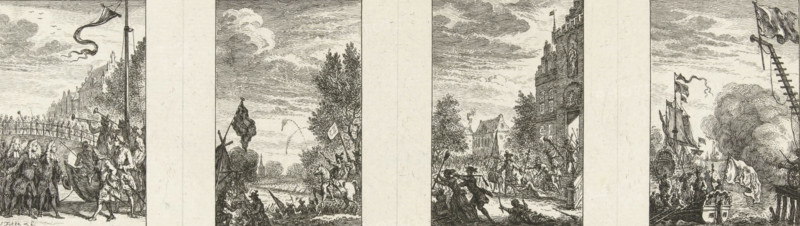 Four episodes from national history, Illustrations of national history, print, Uncut sheet with four depictions from national history. From left to right: Visit of Frederick I, King of Prussia to Amsterdam, Capture of Tournai, Division in Middelburg, Arrival of the Dutch-English fleet with Charles VI, German Emperor in Lisbon., number: '125, 128, 127, 126', printmaker: Simon Fokke, Amsterdam, after design by, 1722 - 1784, paper, etching, etching on uncut sheet, proof, height 114 mm x width 247 mm, Person, Charles VI (Holy Roman Emperor), Frederick I King of Prussia, historical persons (portraits and scenes from the life), historical events and situations, War of Spanish Succession, A wide horizontal print divided into vertical panels shows multiple scenes in a monochrome engraved style; on the left a group of robed and uniformed figures stand near a boat with a tall flagpole and a ribboned flag, while a crowd gathers on a raised walkway and a line of soldiers or attendants appears near...