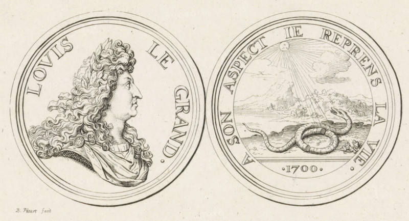 Medal with the portrait of Louis XIV (large variant), print, King of France. On the reverse side an emblematic representation of his reign: a snake, with a broken body, is illuminated by sunbeams., number: 'Illegible (partially cut off) number.', printmaker: Bernard Picart, Paris, 1700 - 1733, paper, etching, engraving, height 95 mm x width 150 mm, Person, Louis XIV (King of France), snakes, medal (considered as a piece of sculpture, regardless of its specific function), sun as celestial body, A drawing of two round coins side by side on a light background, each coin framed by concentric circular lines; the left coin shows a detailed profile of a person with long curly hair and draped clothing, the hair flowing outward with intricate curls and a decorative button on the garment, while the right coin depicts a landscape with a coiled snake in the foreground beside textured ground, a body of water and a distant rocky hill behind it, and a sun with radiating rays and clouds above.