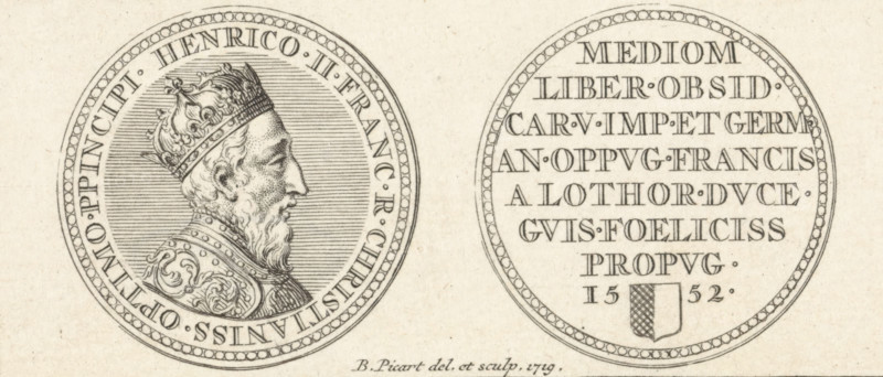 Coin with the portrait of Henry II, print, Medal with the portrait of Henry II, King of France. On the other side a text in Latin referring to the Siege of Metz in 1552., printmaker: Bernard Picart, Amsterdam, 1719, paper, engraving, etching, etching and engraving, height 42 mm x width 93 mm, Person, Henry II (King of France), medal (considered as a piece of sculpture, regardless of its specific function), Metz, Period, 1552, Two round coin-like medallions are shown side by side on a light textured background. The left medallion contains a detailed profile portrait of an older man facing right, wearing an ornate crown and a decorative garment with scrollwork patterns; the portrait is set against a background filled with closely spaced horizontal lines and enclosed by a beaded border. The right medallion features multiple horizontal rows of evenly spaced, uniform rectangular shapes arranged to resemble stacked elements within the circular field, with a small shield-like emblem near the ...
