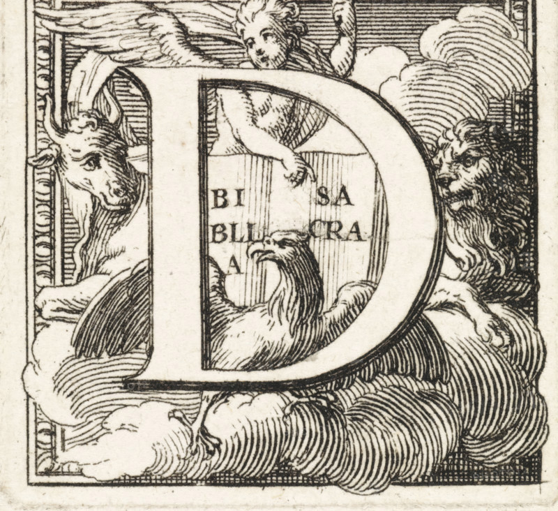 Letter D and the four evangelists, print, book illustration, The letter and the initial D with the symbols of the four evangelists in the background: angel, ox, lion, and eagle. The angel of Matthew points to an open Bible., printmaker: Bernard Picart (possibly), Amsterdam, 1683 - 1733, paper, etching, height 35 mm x width 35 mm, the four symbols of the evangelists, 'the apocalyptic beasts', historiated initial, A detailed black and white engraved design showing a large decorative curved shape occupying the center, surrounded by stylized clouds with flowing lined textures; a winged cherub or small human figure leans over the top of the curved shape with an arm extending downward; a bovine head appears peeking from the left side with visible horn and ear; a lion-like head with mane is visible on the right side looking toward the center; an eagle-like bird with curved beak and feathers is positioned inside the curved shape; ornate border lines frame the scene.