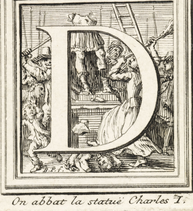 Letter D with the smashing of the statue of Charles I, King of England, in the background, print, book illustration, The letter and initial D with the smashing of the statue of Charles I, in the background. At the bottom an explanatory text in French., printmaker: Bernard Picart, Amsterdam, 1683 - 1733, paper, etching, height 42 mm x width 38 mm, Person, Charles I (King of England), monument, statue, historiated initial, A detailed black and white engraved scene framed by parallel lines shows a large decorative curved shape occupying the center, with figures clustered around it. On one side a robed figure faces away, one arm raised toward the curved shape, while other figures hold long poles or sticks and wear brimmed hats. Small figures appear at the base, some reclining or fallen, with drapery and striped shading on clothing. Architectural elements such as a stepped platform and a framed recess with vertical and horizontal hatching are visible behind the central figures. The image is...