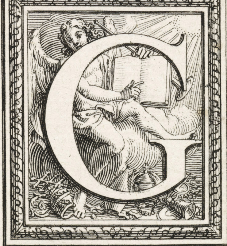 Letter G, print, The letter and the initial G with an angel in the background pointing at an open Bible. On the ground various ecclesiastical attributes, including a papal tiara., printmaker: Bernard Picart, Amsterdam, 1683 - 1733, paper, etching, engraving, height 43 mm x width 37 mm, historiated initial, Bible (angel(s)), A detailed black and white engraving shows a framed ornamental letter form with an angelic figure seated inside its curve, the figure holding an open book and a writing instrument, with flowing hair, draped fabric, and wings rendered in fine linework; decorative border elements and elaborate foliage motifs surround the central scene, and hatching and stippling create shading and texture throughout the composition.