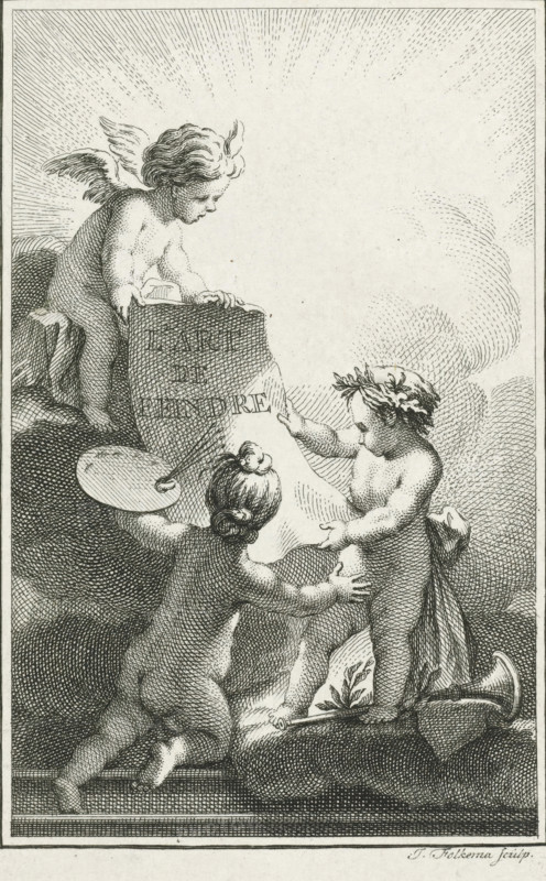 L'Art de Peindre, Putti studying a sheet of paper, print, Two putti studying a sheet of paper with the text: L'Art de Peindre. The putto on the left holds a painter's palette, the one on the right is laureated and stands on a trumpet lying on the ground. On a cloud above, a little angel with a flame above its head, a symbol of divine inspiration, looks on., printmaker: Jacob Folkema, 1761, Jacob Folkema, printmaker, paper, etching, height 134 mm x width 87 mm, Illustration used as title page in: Watelet, Claude Henri. L'art de peindre. Amsterdam, 1761., cupids together with attributes of the arts, sciences, angel(s) represented as child(ren), A black and white engraved scene shows three cherub-like children among clouds. One child with small wings leans forward from above, resting hands on a rectangular stone slab. Another child stands on the clouds facing the slab, wearing a laurel wreath and holding a sheet of paper with an outstretched hand. The third child kneels with their back to...