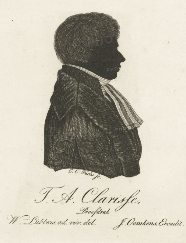 Silhouette portrait of Theodorus Adrianus Clarisse, print, bust facing right., printmaker: Karel Christiaan Fuchs, unknown, after drawing by Wessel Lubbers, publisher: Jan Oomkens, Groningen (city), 1808 - 1844, paper, etching, proof print, height 110 mm x width 86 mm, Person, Theodorus Adrianus Clarisse (II), A black silhouette profile of a person facing right, rendered with detailed line work for hair and clothing, showing short wavy hair, an ear, a pronounced nose and chin. The figure wears a high-collared coat with visible buttons and textured shading, and a striped neckcloth or cravat with pleated ends. The background is a plain off-white paper with faint speckles, and cursive script appears below the figure near the bottom edge.