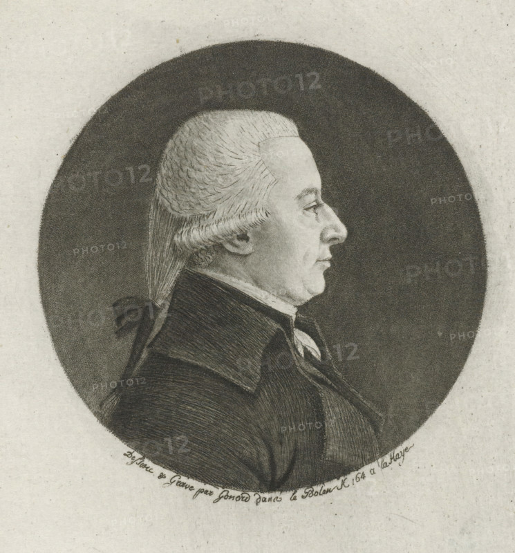 Portrait of Cornelis van Lennep, print, physionotrace, Portrait in a round frame of Cornelis van Lennep, member of the general safety committee. In profile, bust to the right., printmaker: François Gonord, The Hague, 1794 - 1800, paper, etching, roulette, engraving, engraving and roulette, height 85 mm x width 79 mm, Physionotrace., Person, Cornelis van Lennep, A monochrome profile portrait of a man facing right, shown from the shoulders up within a dark circular background, with powdered hair styled back and tied with a ribbon, a high-collared coat and visible neckcloth, rendered with fine shading and etched lines on a textured paper.