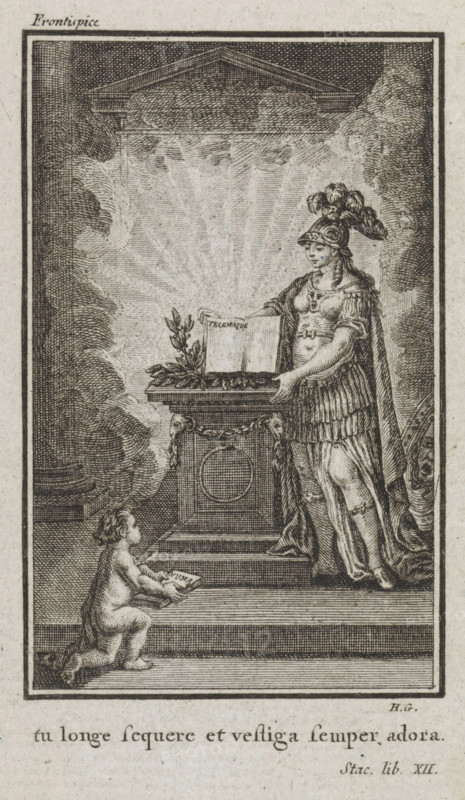 Title page of Jean Pierre Claris de Florian, Numa Pompilius, second king of Rome, 1790, Minerva presents the book Telemaque, print, title page, Minerva stands in full armor next to a pedestal. She presents an open book in which is written: Telemaque. A putto kneels before the pedestal. He holds an open book in which is written: Numa. With a French caption., printmaker: Henri-Joseph Godin, Liège, writer (clerical worker): Jean Pierre Claris de Florian, publisher: Benoît le Francq, Brussels, writer (clerical worker), paper, engraving, letterpress printing, engraving and letterpress, width 135 mm x height 78 mm, Title page for Jean Pierre Claris de Florian, 'Numa Pompilius, second roi de Rome '. Brussels by Benoît le Francq, 1790., cupids: 'amores', 'amoretti', 'putti', (story of) Minerva (Pallas, Athena), An engraved scene framed by a rectangular border shows a robed, armored female figure wearing a crested helmet and a long flowing cloak standing beside a decorated pedestal topped with ...