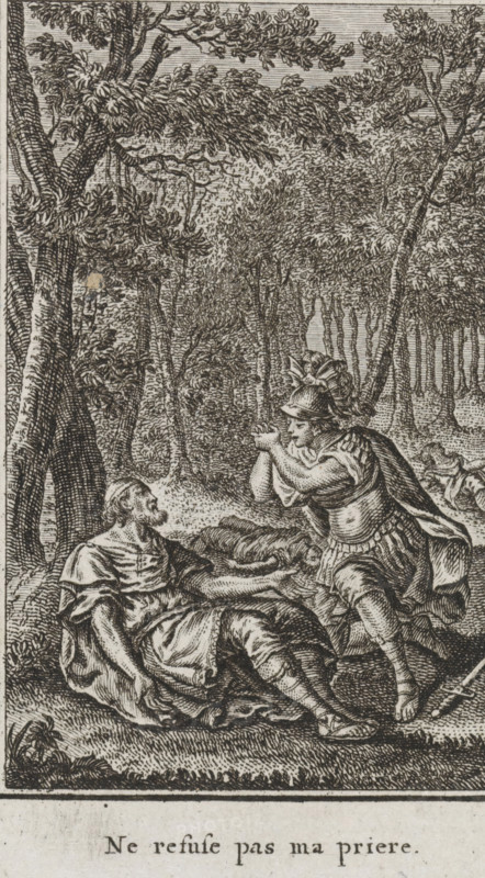 Numa and the dying Tatius, print, book illustration, The dying Tatius lies against a tree. Numa kneels next to him. In the background the dead assassins. With a French caption., printmaker: Henri-Joseph Godin, Liège, writer (clerical worker): Jean Pierre Claris de Florian, publisher: Benoît le Francq, Brussels, 1790, writer (clerical worker), paper, engraving, letterpress printing, engraving and letterpress, width 136 mm x height 75 mm, Book illustration for Jean Pierre Claris de Florian, 'Numa Pompilius, second roi de Rome '. Brussels by Benoît le Francq, 1790., deathbed, murderer, male literary characters (with NAME), A detailed black and white engraving showing a forest scene with dense trees and foliage filling the background, two men in the foreground near the base of a tree, one seated on the ground wearing loose draped clothing and looking up, the other kneeling or leaning forward wearing a decorated helmet, armor-like clothing and a cloak while clasping his hands together towar...
