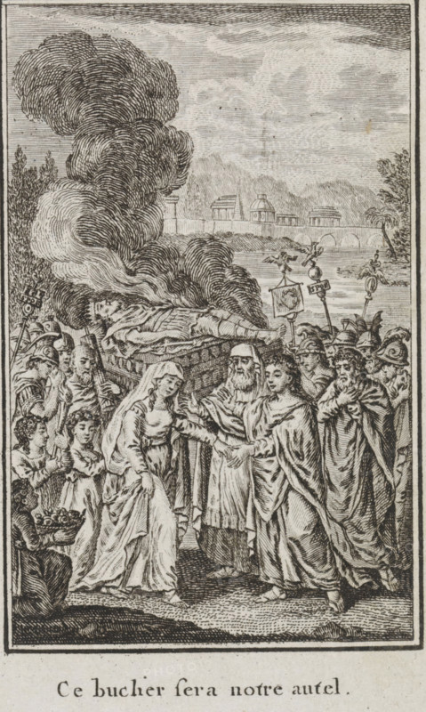 Burial of Tatius, print, book illustration, Titus Tatius, king of the Sabines, is cremated on a pyre. His troops mourning around the fire. Numa comforts his daughter Tatia. Rome in the background. With a French caption., printmaker: Henri-Joseph Godin, Liège, writer (clerical worker): Jean Pierre Claris de Florian, publisher: Benoît le Francq, Brussels, 1790, writer (clerical worker), paper, engraving, letterpress printing, engraving and letterpress, width 136 mm x height 75 mm, Book illustration for Jean Pierre Claris de Florian, 'Numa Pompilius, second roi de Rome '. Brussels by Benoît le Francq, 1790., body-burning, cremation, male literary characters (with NAME), Rome, A detailed black and white engraving shows a group of robed figures gathered around a central scene near a riverbank with buildings and arches in the distant background. In the foreground a veiled woman in a flowing dress steps forward while an older bearded man in layered robes reaches toward her hand, and beside hi...