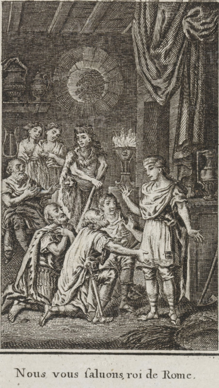 Numa refuses to become king of Rome, print, book illustration, Delegates of Rome kneel before Numa and ask him to become king of Rome. Numa initially refuses. In the background Leo, Camilla, Anna and her father. With a French caption., printmaker: Henri-Joseph Godin, Liège, writer (clerical worker): Jean Pierre Claris de Florian, publisher: Benoît le Francq, Brussels, 1790, writer (clerical worker), paper, engraving, letterpress printing, engraving and letterpress, width 136 mm x height 75 mm, Book illustration for Jean Pierre Claris de Florian, 'Numa Pompilius, second roi de Rome '. Brussels at Benoît le Francq, 1790., reception, ambassador, male literary characters (with NAME), A densely hatched black and white engraving shows a group of figures in a room with a high draped curtain and a round ornamental window set into a textured wall; a burning brazier emits flames on a tall stand near the center. In the foreground a young person stands wearing a short tunic and sandals with one ha...