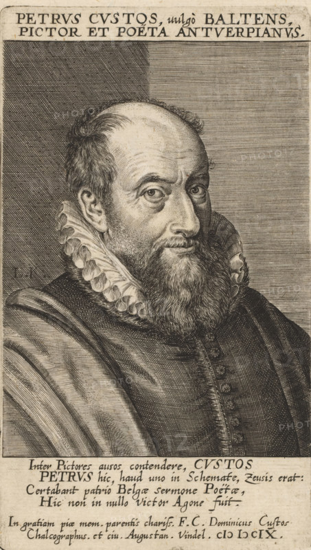 Portrait of Peeter Baltens, print, Text in Latin in the bottom and top margins., printmaker: Lucas Kilian, dedicated by: Dominicus Custos, dedicated to: Peeter Baltens, 1609, paper, engraving, height 148 mm x width 85 mm, Person, historical persons, portrait, self-portrait of graphic artist, publishing, publisher (portrait of scholar, scientist), A monochrome engraved portrait of a bearded man shown from the chest up, turned slightly to his left and looking toward the viewer, wearing a high ruffled collar and a buttoned dark garment with a draped cloak over one shoulder, with finely etched facial features including a receding hairline, textured beard and mustache, and detailed eyes, set against a lined background and framed by areas of cross-hatching, with blocks of handwritten-style text visible above and below the portrait.