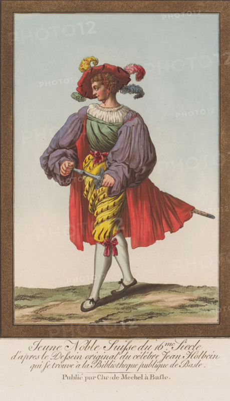 Jeune noble Suisse du 16me siecle, Walking soldier with beret with feathers and sword under his cloak, Twelve Swiss military costumes, Recueil de Johann Rudolph Schellenberg (possibly), after drawing by Hans Holbein (II), publisher: Christian von Mechel, Bazel, 1790, Johann Rudolph Schellenberg, printmaker, paper, etching, aquatint, hand coloring, colored etching and aquatint, height 269 mm x width 185 mm, The series belongs to the 4-part publication 'Oeuvre de Jean Holbein', Basel 1780-1795, by Christian von Mechel., hacking and thrusting weapons: sword, clothes, costume, (military) uniforms (weapons), Switzerland, A full-length color illustration of a person standing on grass wearing a wide-brimmed red hat adorned with multicolored feathers and short curly hair visible underneath, a ruffled white collar, a green bodice, and voluminous purple sleeves; a red cape drapes behind and a yellow patterned skirt with diagonal stripes is tied with a pink bow at the waist, white stockings and b...