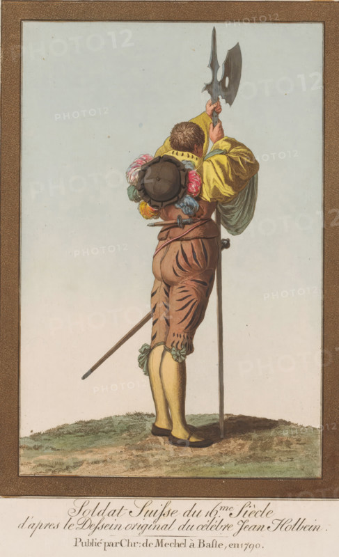 Soldat Suisse du 16me siècle, Soldier seen from the back with halberd, Twelve Swiss military costumes, Recueil de Johann Rudolph Schellenberg (possibly), after drawing by Hans Holbein (II), publisher: Christian von Mechel, Bazel, 1790, Johann Rudolph Schellenberg, printmaker, paper, etching, aquatint, hand coloring, colored etching and aquatint, height 270 mm x width 185 mm, The series belongs to the 4-piece publication 'Oeuvre de Jean Holbein', Basel 1780-1795, by Christian von Mechel., clothes, costume, helved weapons, polearms (for striking, hacking, thrusting): halberd, (military) uniforms (weapons), Switzerland, A rear view of a person standing on grass wearing a yellow sleeve garment and a short brown doublet with puffed breeches, holding a long pole weapon with both hands raised above the head and leaning one hand on a vertical staff, a round hat with colorful feather plumes rests on the back, a sword hangs at the waist, yellow stockings and flat shoes cover the legs and feet, t...