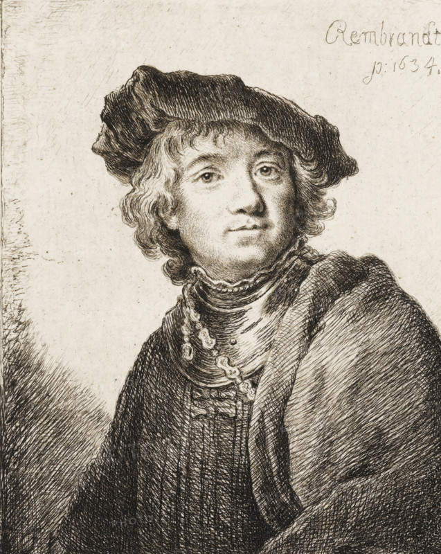 Portrait of Rembrandt Harmensz. van Rijn, print, printmaker: attributed to Johann Gottfried Seutter, after design by Rembrandt van Rijn, 1727 - 1800, Attributed to, paper, etching, height 140 mm x width 145 mm, Person, portrait, self-portrait of artist, youth, adolescent, A detailed monochrome etching of a person shown from the chest upward wearing a soft, wide-brimmed hat and a layered, textured cloak; the face is rendered with fine lines showing curly hair framing the forehead and ears, expressive eyes looking slightly to the side, a straight nose, and closed lips; the neck is wrapped with a ruffled collar and layered garments with visible decorative fastenings, and the cloak and clothing display dense cross-hatching and varied line work across the background and figure.