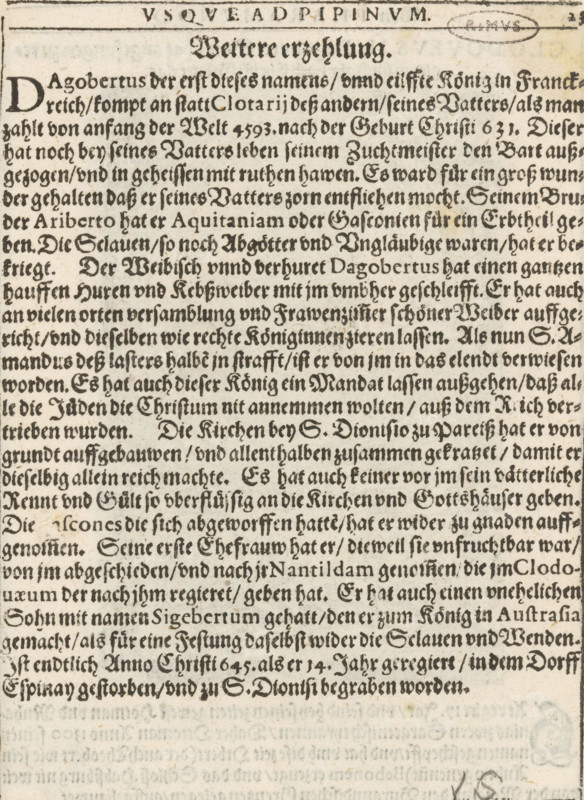 Portraits of Clovis II, print, book illustration, number: '158', printmaker: Virgilius Solis, Nuremberg, publisher: Johann Bussemacher, 1598, Bavaria, paper, etching, engraving, intaglio printmaking technique, height 118 mm x width 78 mm, Print used for the publication: Michael Eizinger. Könige in Frankreich. Cologne: Johann Bussemacher, 1598. The publication contains prints by Jost Amman and Virgil Solis., Person, Clovis II (king of Neustria and Burgundy), historical persons, ruler, sovereign, scrollwork, strapwork, ornament, A rectangular piece of aged paper filled with dense blackletter text in dark ink, framed at the top by a narrow decorative border and a centered bold heading, with a large ornate capital letter starting the first line; the text occupies most of the upper two thirds of the page, arranged in neat justified lines with even spacing and visible ink texture; the lower portion of the page shows lighter, faded text impressions and some bleed-through from the reverse side...