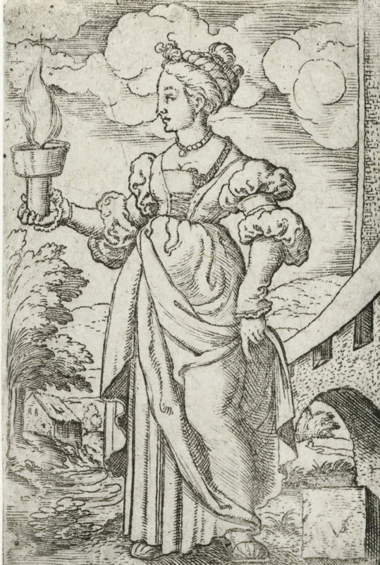 Personification of Germany as a wise virgin, Germania, Personifications of European countries and provinces as wise and foolish virgins, print, number: '128', printmaker: Virgilius Solis, Nuremberg, 1524 - 1562, Bavaria, paper, engraving, etching, intaglio printmaking technique, height 79 mm x width 50 mm, Print is part of a series of ten prints with personifications of European countries and provinces as the five wise and five foolish virgins., personifications of countries, nations, states, districts, representation of wise virgin(s), costume, Germany, A tall woman in a long draped dress stands in profile facing left, wearing a fitted bodice with puffed sleeves and a necklace, her hair arranged in an updo with decorative curls; she holds a large torch with a visible flame in her extended left hand while her right hand rests on her hip, and a flowing outer garment wraps around her waist and falls to the ground revealing simple sandals. Behind her, stylized clouds fill the sky above a ...