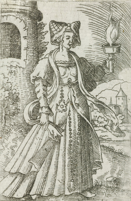 Wise virgin as personification of France, France, Wise and foolish virgins as European countries and provinces, print, number: '128', printmaker: Virgilius Solis, Nuremberg, 1524 - 1562, Bavaria, paper, engraving, etching, intaglio printmaking technique, height 78 mm x width 49 mm, Print is part of a series of ten prints with personifications of European countries and provinces as the five wise and five foolish virgins., personifications of countries, nations, states, districts, representation of wise virgin(s), costume, A detailed black and white line engraving of a standing woman in period dress holding a torch in one hand and a folded item in the other. She wears a tall, shaped headdress with decorative folds and has curled hair visible at her temples. Her gown features a fitted bodice with decorative trim at the neckline, puffed sleeves with slashed or layered detailing, long flowing drapery and a long skirt with vertical ornamentation and hanging tassel-like decorations. A long sc...