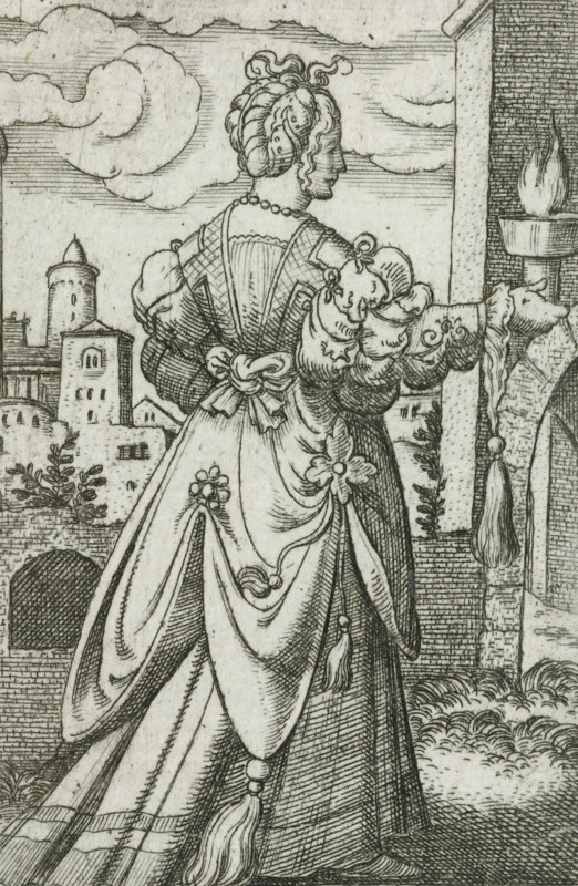 Italy, Wise virgin as personification of Italy, Wise and foolish virgins as European countries and provinces, print, number: '128', printmaker: Virgilius Solis, Nuremberg, 1524 - 1562, Bavaria, paper, engraving, etching, intaglio printmaking technique, height 80 mm x width 50 mm, Print is part of a series of ten prints with personifications of European countries and provinces as the five wise and five foolish virgins., personifications of countries, nations, states, districts, representation of wise virgin(s), A detailed black and white engraving shows the back of a woman in an ornate dress standing on a terrace. Her hair is styled in an updo with curls and she wears a beaded necklace. The dress features puffed sleeves with decorative bows, a fitted bodice with a tied sash at the waist, and a long draped skirt adorned with floral decorations and tassels. To the right a stone column and a brazier with flames sit on a pedestal. In the background a townscape with towered buildings and lea...
