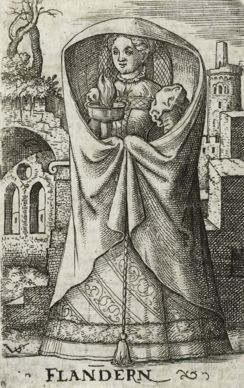 Flanders, Wise virgin as personification of Flanders, Wise and foolish virgins as European countries and provinces, print, number: '128', printmaker: Virgilius Solis, Nuremberg, 1524 - 1562, Bavaria, paper, engraving, etching, intaglio printmaking technique, height 80 mm x width 50 mm, Print is part of a series of ten prints with personifications of European countries and provinces as the five wise and five foolish virgins., personifications of countries, nations, states, districts, representation of wise virgin(s), A monochrome engraved image of a robed woman standing frontally, her head and shoulders covered by a large hooded cloak that drapes around her form. She holds a shallow vessel with visible flames in front of her chest, and a small animal pelt rests against one arm. Her face is visible beneath the hood, with stylized hair and a calm expression. The cloak shows detailed folds and a decorative border at the hem, with a cord and tassel hanging down the center. Architectural rui...
