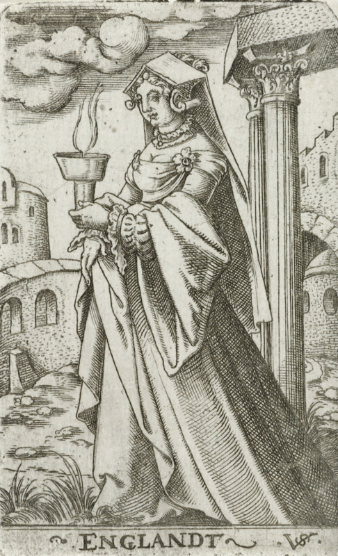 England, Wise virgin as personification of England, Wise and foolish virgins as European countries and provinces, print, number: '128', printmaker: Virgilius Solis, Nuremberg, 1524 - 1562, Bavaria, paper, engraving, etching, intaglio printmaking technique, height 81 mm x width 51 mm, Print is part of a series of ten prints with personifications of European countries and provinces as the five wise and five foolish virgins., personifications of countries, nations, states, districts, representation of wise virgin(s), costume, A detailed black and white engraving of a standing woman in elaborate historical dress holding a bowl with a rising flame, wearing a long flowing gown with voluminous sleeves and a headdress that frames her curled hair, her expression neutral and eyes directed slightly downward; ornate architectural column and a fragment of a building appear to her right while rounded tower-like structures and rocky ground with tufts of grass are visible in the background, with styli...