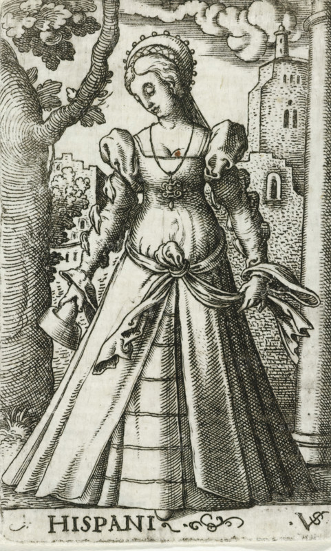 Foolish virgin as personification of Spain, Hispani, Wise and foolish virgins as European countries and provinces, print, number: '128', printmaker: Virgilius Solis, Nuremberg, 1524 - 1562, Bavaria, paper, engraving, etching, intaglio printmaking technique, height 79 mm x width 50 mm, Print is part of a series of ten prints with personifications of European countries and provinces as the five wise and five foolish virgins., personifications of countries, nations, states, districts, representation of foolish virgin(s), Spain, A finely detailed black and white line engraving of a woman standing in front of architectural structures and a tree, wearing a long gown with a fitted bodice, puffed sleeves, and a sash tied at the waist, her head slightly tilted and adorned with a rounded headdress with small round decorations, a pendant hanging at her chest, one hand holding a small hat and the other holding the ends of the sash, the skirt showing layered underpinnings and vertical folds, a text...