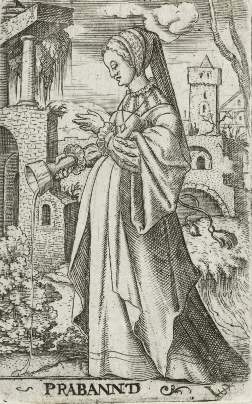 Foolish virgin as personification of Brabant, Prabannd, Wise and foolish virgins as European countries and provinces, print, number: '128', printmaker: Virgilius Solis, Nuremberg, 1524 - 1562, Bavaria, paper, engraving, etching, intaglio printmaking technique, height 80 mm x width 50 mm, Print is part of a series of ten prints with personifications of European countries and provinces as the five wise and five foolish virgins., personifications of countries, nations, states, districts, representation of foolish virgin(s), Brabant, A woman in a long flowing gown and a headdress stands in profile holding a small cup tilted so a thin stream flows from it; she has a calm facial expression and her hands are clasped near her chest with ruffled cuffs visible. Her gown features voluminous sleeves with detailed folds and patterned shading, and a long mantle drapes down her back and over one arm. Behind her are architectural ruins including arched openings, columns, and a tower with small windows...