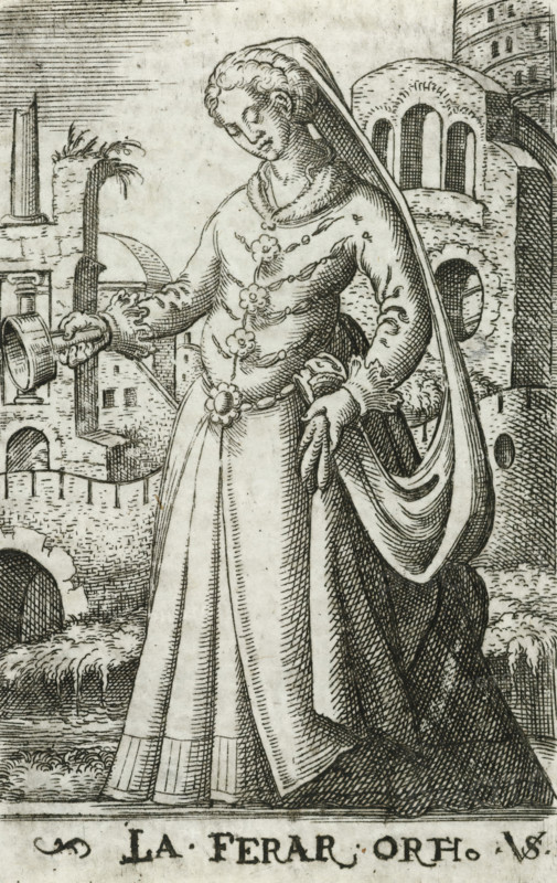 Foolish virgin as personification of Ferrara, La Ferar Orth, Wise and foolish virgins as European countries and provinces, print, printmaker: Virgilius Solis, Nuremberg, 1524 - 1562, Bavaria, paper, engraving, etching, intaglio printmaking technique, height 80 mm x width 50 mm, Print is part of a series of ten prints with personifications of European countries and provinces as the five wise and five foolish virgins., personifications of countries, nations, states, districts, representation of foolish virgin(s), Ferrara (city), A standing woman in a long, flowing gown and a veil that drapes over her head and down her back, with a decorative band and floral motifs on the bodice and a belt at the waist, holding a small container in one hand and gathering part of her skirt with the other, is depicted in a finely hatched, black-and-white engraved scene; behind her are architectural ruins with arched windows and towers, a bridge over water with reflections and grassy banks, and a distant col...