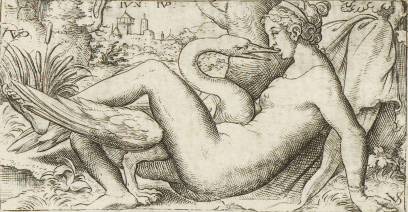 Leda and the swan, print, number: '108', printmaker, after print by, Bavaria, Nuremberg, Virgilius Solis, paper, engraving, intaglio printmaking technique, height 50 mm x width 95 mm, Jupiter, in the shape of a swan, and Leda, A reclining nude woman is shown in a detailed pen-and-ink style with her body turned in profile and her head turned slightly toward a large swan whose neck curves toward her face; the swan’s beak is close to her mouth. The woman is resting on draped fabric and a cushion, one arm behind her and the other along her side, and her hair is styled with a braided or coiled arrangement. The swan’s wings and textured feathers are visible, overlapping the woman’s legs, and both figures are set amid a natural scene with foliage, grasses, and a distant view of a walled building or castle on a hillside. The image uses fine hatch and line shading to render contours and shadow across skin, feathers, fabric, and landscape.