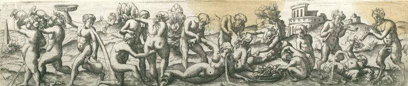 Bacchanal with satyrs and vomiting figures, Three friezes with bacchanals, print, number: '23', printmaker: Virgilius Solis, Nuremberg, 1524 - 1562, Bavaria, paper, engraving, etching, intaglio printmaking technique, height 55 mm x width 245 mm, Part of a series of three friezes with bacchanals., vomiting, satyr(s) (in general), thiasos, i.e. Bacchus' revel-rout, bacchanal without Bacchus, A wide horizontal engraving depicting a group of nude figures gathered in a landscape, many shown in playful or reclining poses; some figures carry vessels and pour water that arcs outward, others hold trays or bunches of foliage, and two horned, hooved figures on the right play long wind instruments while a reclining infantlike figure near them receives a stream from a vessel; the background shows rolling hills, clusters of trees, a round building with columns, and scattered architectural forms, with textured crosshatching and linear engraving marks throughout.