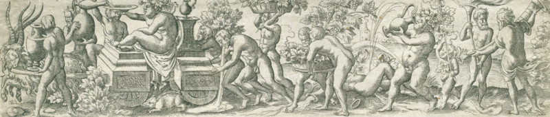 Triumphal procession of Bacchus, Three friezes with bacchanals, print, number: '23', printmaker: Virgilius Solis, Nuremberg, 1524 - 1562, Bavaria, paper, engraving, etching, intaglio printmaking technique, height 58 mm x width 245 mm, Part of a series of three friezes with bacchanals, thiasos, i.e. Bacchus' revel-rout, bacchanal without Bacchus, triumph of Bacchus, 'Carro di Bacco' (Ripa), A wide horizontal engraving shows a procession of nude and semi-nude figures moving left to right across a landscape filled with stylized foliage and decorative elements; a reclining figure sits atop a wheeled platform while attendants lift and push it, one holding a shallow dish toward the reclining figure and others carrying large urns and plants; additional figures carry branches and baskets, one pouring liquid from a vessel that arcs through the air, and another cradles a child; the ground is textured with short horizontal lines and scattered stones, and background details include trees, leafy vi...